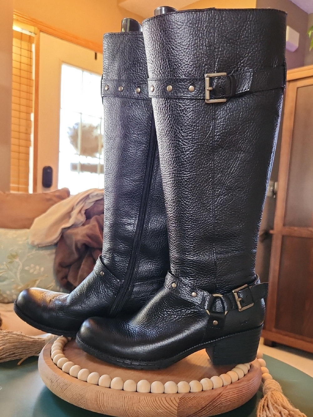 b.o.c. Black Leather Knee-High Riding Boots with Buckles